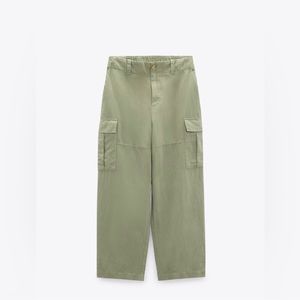ZARA LIGHT SAGE GREEN LINEN BLEND CARGO TROUSER